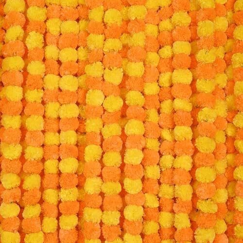 Krati Exports 5 PC - 5 feet Marigold Garland -Indian/American Wedding Party Mantle Decoration, Faux Garlands Wedding Garland, Diwali Decoration, Spring Bush Floral! (Mango & Yellow Mix)