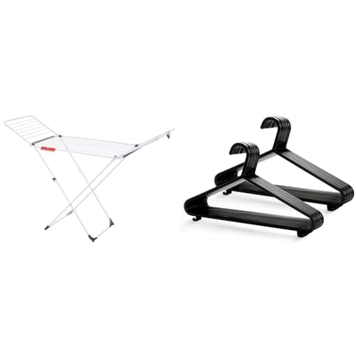 Vileda Extra X-Legs Clothes Airer, Indoor Clothes Drying Rack with 20m Washing Line, White & KEPLIN Adult Plastic Coat Hangers - 25pk, Black Colour, Strong Clothes Hangers for Clothes Rail