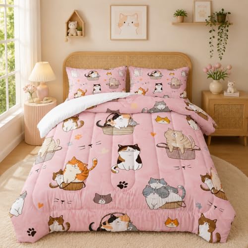 3 Piece Girls Cats Comforter Set Twin Size Cartoon Cat Comforter Set,Pink Cat Bedding Sets for Girls Kids Teens Lovely Kitten Print Cute Animal Pattern Room Decor (1 Comforter, 2 Pillow Cases)