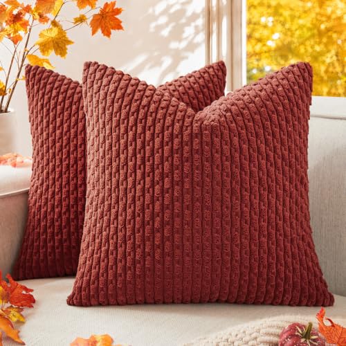 Kevin Textile Fall Soft Velvet Solid Square Decorative Cushion Cover Handmade Pillowcase with Hidden Zipper for Seasonal Autumn 2 Packs 18x18 Inch Burnt Brick