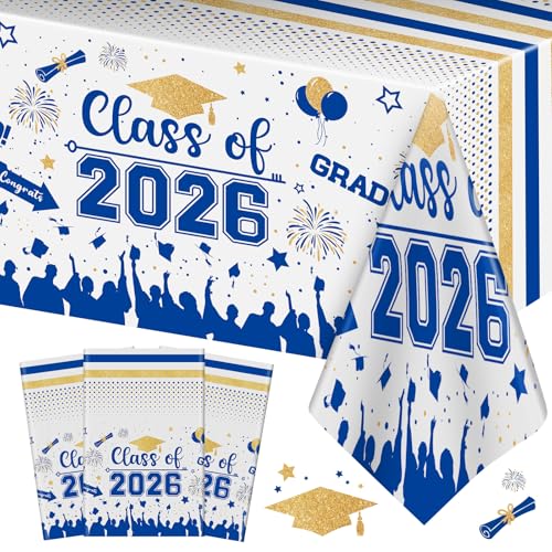 "Graduation Decorations Class of 2023 Tablecloth - 3 Pcs Plastic Congrats Grad Table Cloth, Graduation Table Cover for Graduation Party Decorations 2023 and Party Supplies, 54""x108"" (Blue and Gold)"