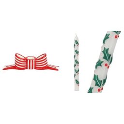 Red White Bow Candle Holder & Holly 3D Christmas Dinner Candle Bundle