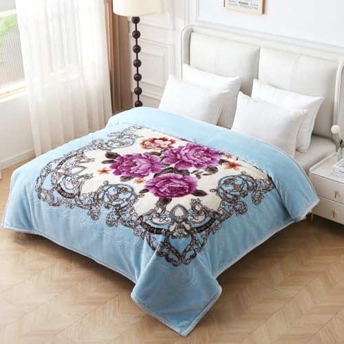 JYK Korean Mink Fleece Blanket King Size 83'' x 91'', 5.7 Pounds - 2 Ply Reversible Silky Soft Plush Warm, Comfy Bed Blanket, Luxurious Blanket for All Seasons - Blue/Purple Peony