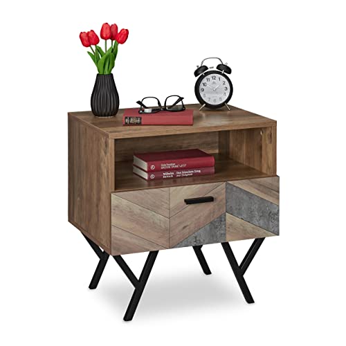 Relaxdays Night Stand, Side Table, Drawer, Industrial, H x W x D: approx. 53 x 50 x 42 cm, Metal, MDF, Brown