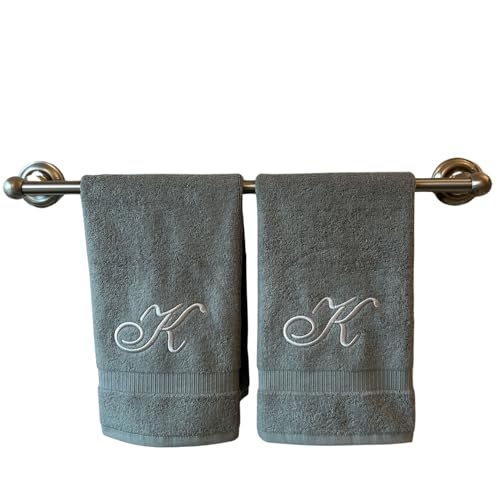 Decorvo Gray Monogrammed Hand Towels for Bathroom - Luxury Hotel Quality Personalized Initial Embroidered Towel for Powder Room, Spa - GOTS Organic Certified - Set of 2 Silver Letter K