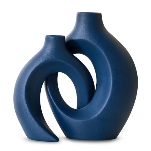 Levvohd Snuggle Hollow Ceramic Vase Set of 2, 8.4 inch Modern Nordic Coastal Shaped Pampas Grass Aesthetic Decorative Table Vases for Home Decor (Matte Navy Blue - M)