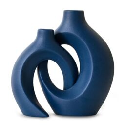 Levvohd Snuggle Hollow Ceramic Vase Set of 2, 8.4 inch Modern Nordic Coastal Shaped Pampas Grass Aesthetic Decorative Table Vases for Home Decor (Matte Navy Blue - M)