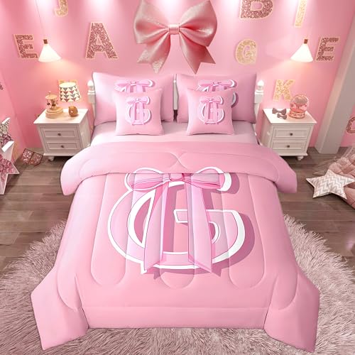 jejeloiu Dreamy Bow Bed Set, Twin Size, Decor Gifts for Women Teen Girl Ultra Soft Initial Letter G 7 Pieces Beeding Set, Monogrammed Bed in a Bag with Comforter, Sheets, Pillowcases Kawaii Pink