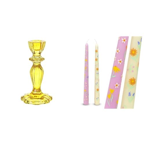 Yellow Glass Candlestick Holder & Floral Tapered Pink Yellow Candles Bundle
