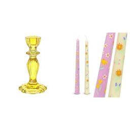Yellow Glass Candlestick Holder & Floral Tapered Pink Yellow Candles Bundle