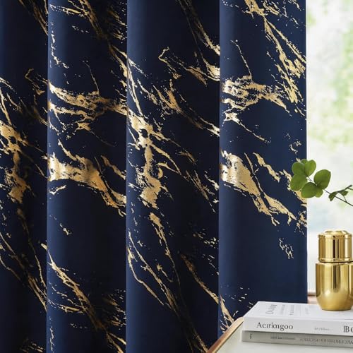 WUBODTI Navy Blue and Gold 100% Blackout Patterned Curtains 84 Inches Long 2 Panels, Gold Marble Printed Thermal Insulated Curtain Modern Abstract Drapes for Bedroom Living Room Dining Room