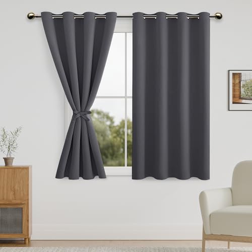 DWCN Dark Grey Blackout Curtains for Bedroom with Tiebacks - Thermal Insulated Light Blocking Grommet Window Curtains for Living Room, 52 x 54 inch Length, Set of 2 Panels
