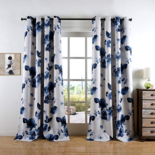 Taisier Home 95 Inch Grommet Room Darkening Window Curtain Drapes, Chinese Traditional Ink Painting Stylized Leaves and Flower,Artwork,Deep Blue Print Curtains for Living Room Bedroom