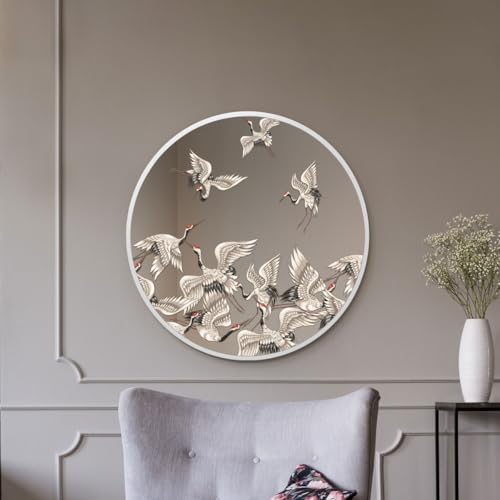 "MirrorOutlet The Typis - White Metal Frame Edged Modern Round Circular Edge Wall Mirror With Colour Stork Printed Decal 31""x31"" (80CM X 80CM) Silver Mirror Glass with White Frame"