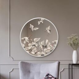 "MirrorOutlet The Typis - White Metal Frame Edged Modern Round Circular Edge Wall Mirror With Colour Stork Printed Decal 31""x31"" (80CM X 80CM) Silver Mirror Glass with White Frame"