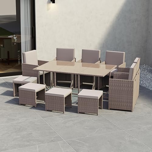 Garden Vida Cuba 10 Seater Rattan Set With Cover - Natural - Outdoor Garden Patio Dining Table Set - Steel Frame & PE Wicker - Weather Resistant, Tempered Glass, Cushions, Chairs, Stools + Cover