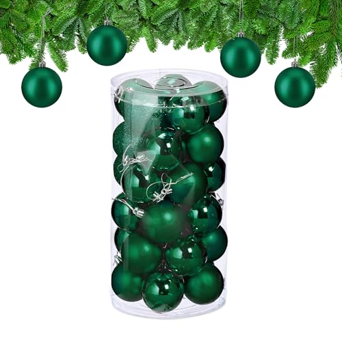 Relaxdays Christmas Bauble Set of 30, Glittery, Matt & Shiny Ornaments, Plastic Xmas Tree Balls, 7 x 6 cm, Dark Green