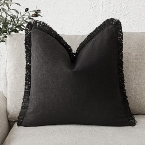 Foindtower Decorative Linen Fringe Throw Pillow Covers Cozy Boho Farmhouse Cushion Cover with Tassels Soft Accent Pillowcase for Chair Sofa Bed Living Room Home Decor, 16??16 Inch, 1PC, Black