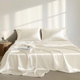 "Madison Park Essentials Satin Sheets Queen Size, Luxurious Silky Satin Bed Sheets, Elastic 14"" Pocket fits up to 16"" Mattress, Wrinkle-Free, Soft Satin Bed Sheet Set, Ivory 6 Piece"