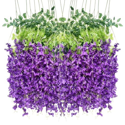 WONICE Artificial Wisteria Hanging Flowers-Fake Wisteria Flower Garland Silk Vines Rattan Decor for Home Wedding Arch Wall Garden Greenery Bedroom Outdoor Office Party Decoration (24, Purple)