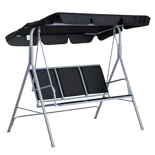 Outsunny 3 Seater Swing Chair, Garden Swing Bench with Adjustable Tilting Canopy, Breathable Mesh Seat and Heavy Duty Metal Frame for Patio, Yard, Black