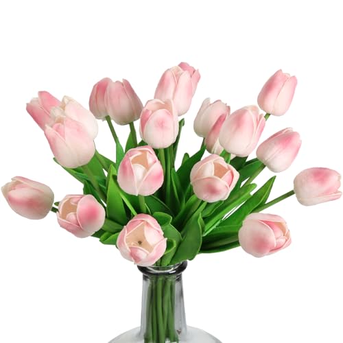 "IPOPU 24PCS Real Touch Pink Tulips Artificial Flowers (Baby Pink, 13.4"" H x 1.97"" D) for Home Decor, Wedding Bouquet, Party & Baby Shower Centerpieces"