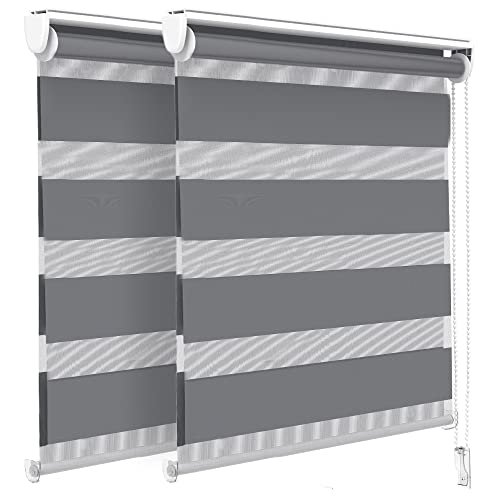 VOUNOT® Set of 2 Day and Night Blinds No Drill, Zebra Roller Blinds for Windows, Double Layer Translucent and Blackout Fabric, Easy Installation Window Shades, Grey, 90 x 150 cm
