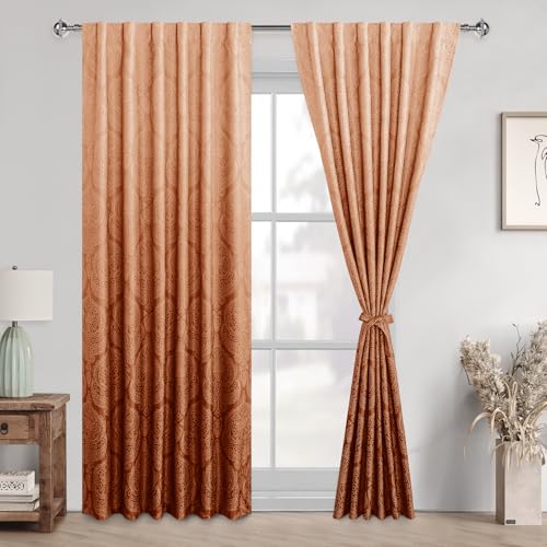 DWCN Burnt Orange Curtains 84 inches Length - Back Tab Ombre Damask Patterned Tieable Window Drapes Thermal Insulted Light Blocking Curtains for Bedroom/Living Room, W52 x L 84, 2 Panels