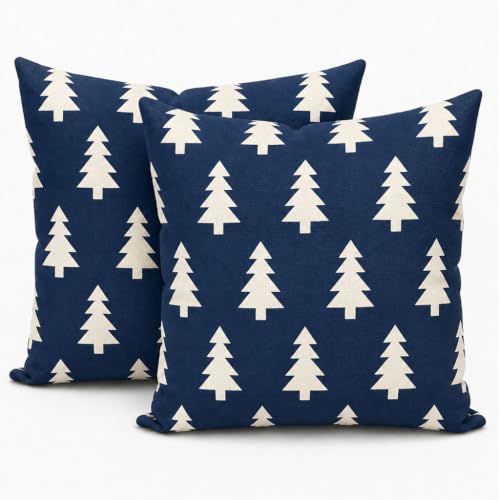 HERHOME Navy Blue Christmas Tree Farmhouse Decorative Throw Pillow Covers 18 x 18 Set of 2, Outdoor Cushion Cases for Home Bed Couch Sofa XHP-287-18