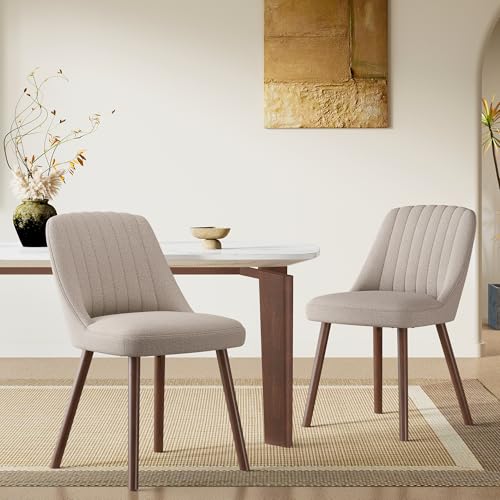 MALOL Wooden Dining Chairs Set of 2, Fabric Chairs for Dining Room with with Wood Legs and Thick Seat Cushion, Upholstered Kitchen Chair with Anti-Slip Pads, Camel
