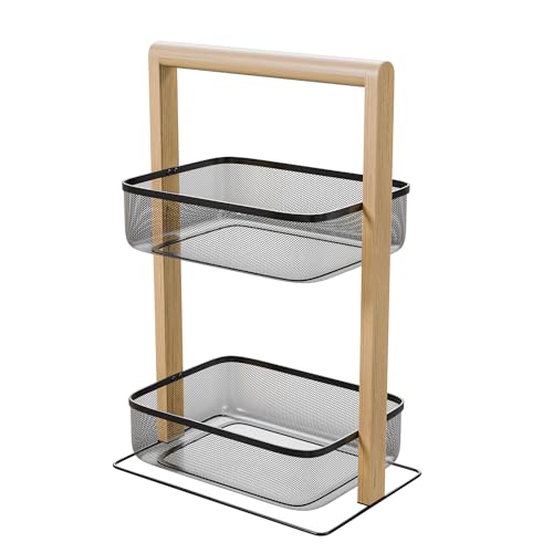 Amig - Storage Shelf for Kitchen or Bathroom - 2 Vertical Baskets - Black Steel and Bamboo - Size: 27 x 18 x 44 cm