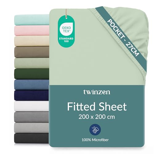 Twinzen Microfibre Fitted Sheet 200 x 200 cm Light Green 25 cm