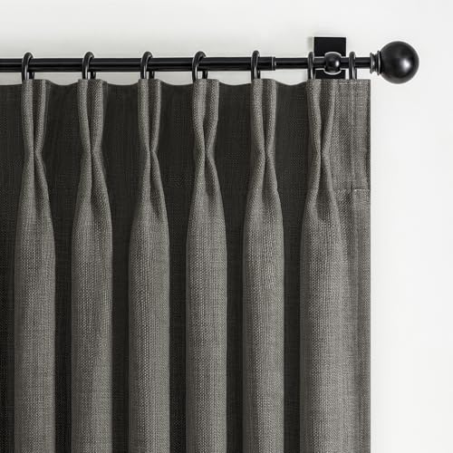 Dark Grey Blackout 84 Inch Curtains for Patio Sliding Glass Doors, Memory Shape Pinch Pleated Dual Layer Linen Thermal Light Blocking Modern Windows Drapes for Living Room 7FT Length 2 Panels Set