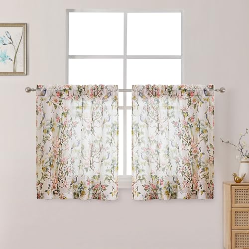 "OWENIE Crushed Sheer Curtains Tiers 36 Inch Length 2 Panels, Printed Design Small Half Curtains Kitchen Tiers Bathroom Cafe Bedroom Living Room, Light Filtering Curtain, Each 42""x36"""