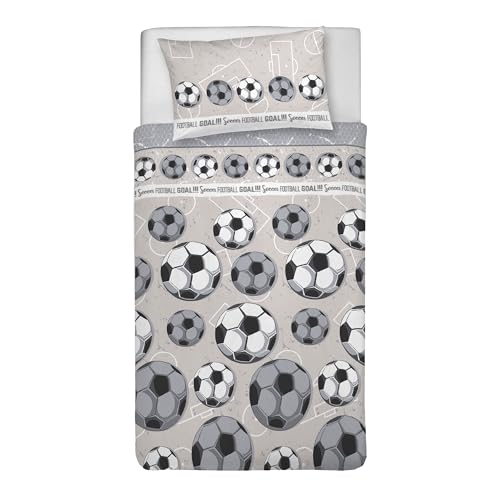 PENSIERI DELICATI Single Duvet Cover Set, 100% Cotton, Complete with 155 x 200 cm Bag and 1 Pillowcase 52 x 82 cm, Made in Italy, Duvet Cover Machine Washable At 40 Degrees, Grey Football Design