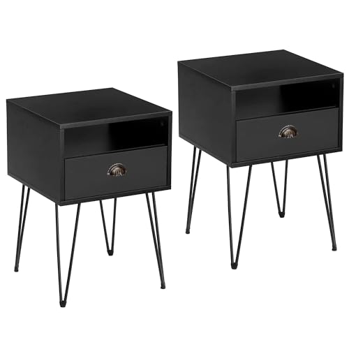 VECELO Bedside Tables Set of 2, Mid-Century Modern Sofa Side/End Cabinet with Drawer and Storage Shelf for Living Room Bedroom