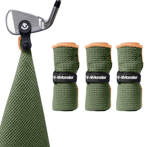 4Monster Golf Towels 3-Pack with Detachable Magnet and Portable Pouch, Quick-Dry Microfiber Golf Towel Set for Golf Bags,Custom Towel Gifts for Men or Women (3, Rifle Green)