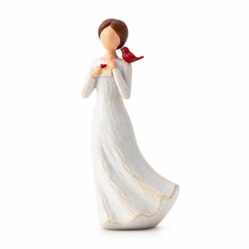 TOHLUCS Decorative Angel Figurine with Cardinal Bird, White Resin Statue, Heart Detail, Home Decor Collectible
