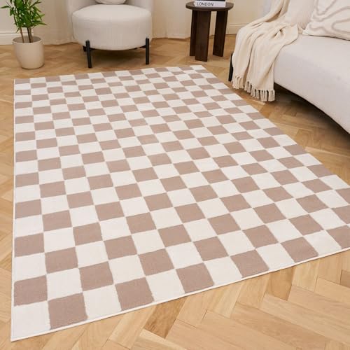 THE RUGS Living Room Rug, Loft Collection – Modern Textured 14mm Soft Pile Area Carpet, Non-Shedding & Easy Care [ Checkerboard Beige, 160x230 cm]
