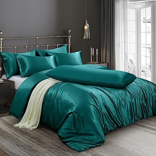 Ersmak 6 Pieces Satin Duvet Cover Full/Queen Size Luxury Silky Bedding Duvet Cover Set with 1 Soft Duvet Cover, 4 Queen Pillowcases and 1 Body Pillowcase, Teal