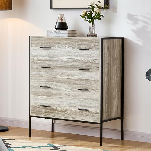 Vida Designs Brooklyn Industrial Chest of Drawer Rustic Bedroom Storage Unit, Cabinet Dresser with Metal Frame (Grey, 4 Drawer)