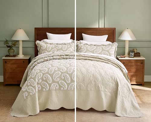 Blythease Oversized King Bedspread, Jacquard Paisley Pattern Design, Lightweight Bedding Cover, 3 Piece Set, 100% Microfiber, Ivory