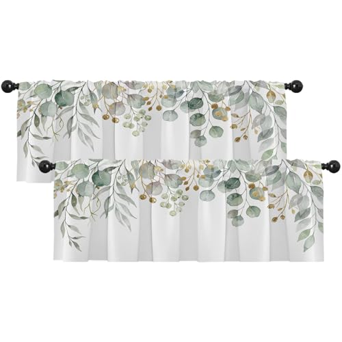 Emvency Green Eucalyptus Leaves Valances for Windows 2 Pack, Spring Summer Blackout Adjustable Valances for Living Room Bathroom Bedroom Kitchen Over Sink, 18x52 Inch
