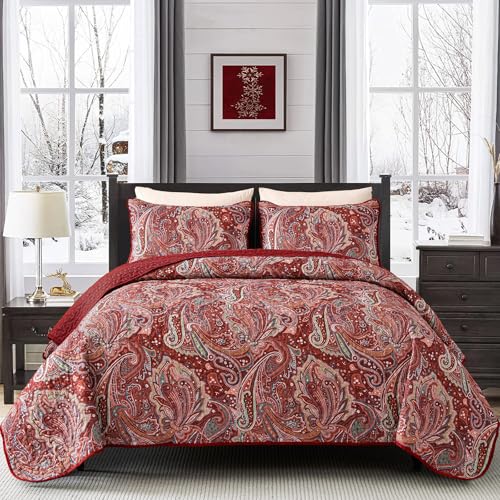 DJY Red Paisley Quilt Set Queen Size Boho Quilt Bedspread Set 3 Pieces, Soft Lightweight Microfiber Coverlet Set Paisley Floral Pattern Bedding for All Season, 96''x90''