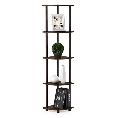 Furinno TURN-N-TUBE Corner Shelf, 5-Tier Corner Bookshelf, Open Storage Shelves, for Organization and Storage, Living Room, Home Office, Garage, Bedroom, Walnut