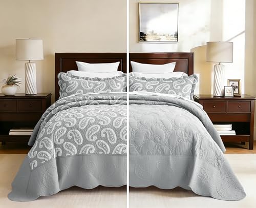 Blythease Oversized King Bedspread 128x120, Paisley Appliqu??, Light Grey - Extra Wide Coverage, 3-Piece Quilt Set, Jacquard Texture, Lightweight Reversible Coverlet, Scalloped Edge, King/Cal King