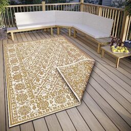NORTHRUGS Curacao Indoor & Outdoor Reversible Rug - Flat Weave, Vintage, Border Look, Oeko-Tex, Weatherproof & UV Resistant for Balcony, Patio, Garden - Ochre, 80 x 150 cm