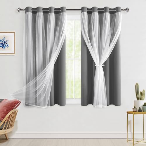 Hiasan Grey Blackout Curtains with Sheer Overlay, Grommet Thermal Insulated Privacy Mix and Match Double Layer Window Curtains for Girls Bedroom, Living Room, 2 Drape Panels with Tiebacks, 52W X 54L