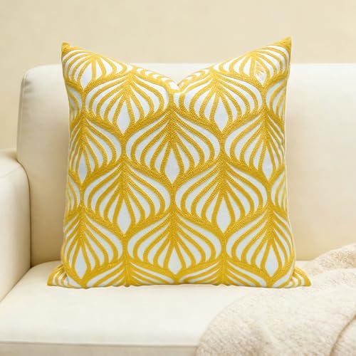 SLOW COW Embroidery Decorative Throw Pillow Cover Case for Couch Sofa Home Decor Modern Geometric Accent Pillow Cushion Cover 18 x 18 Inches Yellow