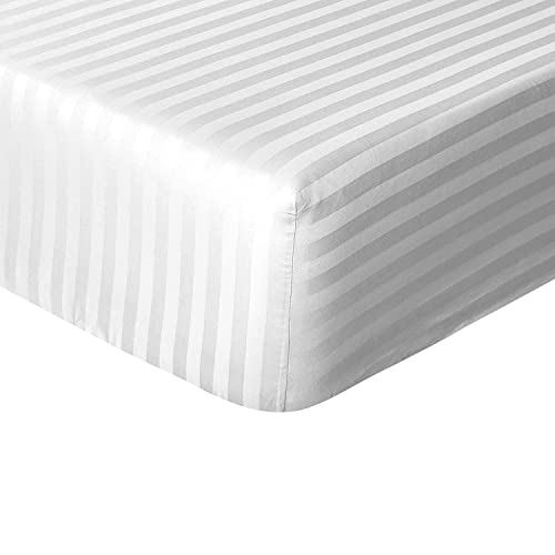Sleepdown Hotel Quality Fitted Sheet 100% Cotton Satin Stripe Warm Cosy Breathable Super Soft Bedsheet Bed Linen Easy Care 32cm Extra Deep Pockets - White - Super King (5056557514007)